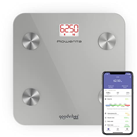 Rowenta BR9600 Goodvibes Life + Bilancia Pesapersone, Bilancia Digitale Intelligente, App connessa, 10 Misurazioni Corporee tra cui IMC, BMR, Massa Grassa, Muscolare e Ossea, Argento