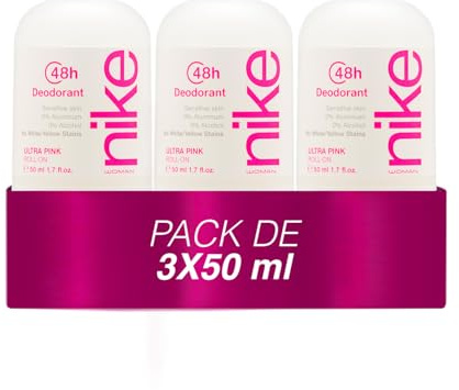 NIKE - Ultra Pink Pack de 3 x 50 ml, Desodorante Mujer Roll-On, Desodorante Antimanchas para Piel Sensible, 0% Alcohol y 0% Sales de Aluminio, de Larga Duración, Fragancia Oriental Gourmand