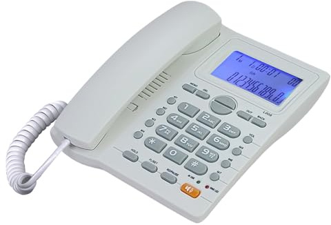 Corded Caller ID Telephone, TelPal Landline Home Phones with Blue Backlight & Speaker, Hands Free Analog Hotel Office Telephone Set, Desktop Speed Memory Dial Telephones for Seniors (White)