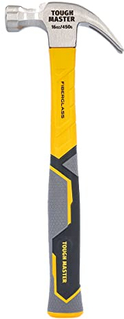 TOUGH MASTER Claw Hammer 16oz Fiberglass Shaft Non Slip Grip Handle TPR Finish Heavy Duty C45 Premium Steel Head Nail Puller Magnetic Holder 450g Light Strong Hand Tool for DIY Projects in Home Office