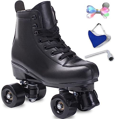 Roller Skates Women Men High-Top PU Leather Roller Skates Classic Double-Row Roller Skates Outdoor Indoor Quad-Skates with Light up Shoe Laces (Black Black Wheel, 40-US Men 7.5= Women 8.5)