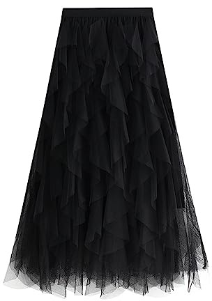 Jemsia Midi Tulle Skirt A-line Elastic High Waist Irregular Layered Tiered Mesh Ballet Prom Wedding Party One Size Skirt Black