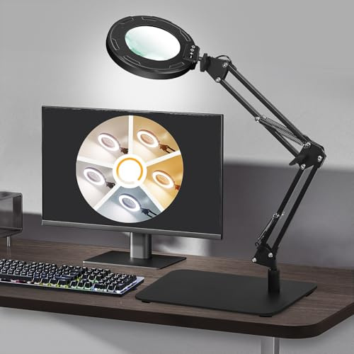 SAVSOO Lupa con Luz LED - Lupas de Gran Lente con Control Táctil y Abrazadera para Manualidades, Aumento 5X, 5 Modos de Color Regulables