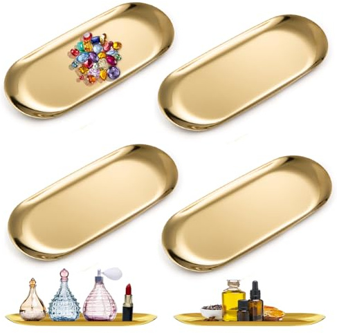 MIUUIPI Bandeja dorada, 4 unidades, ovalada decorativa, bandeja de acero inoxidable, bandeja para velas, organizador de cosméticos, plato buffet para alimentos, joyas, cosméticos