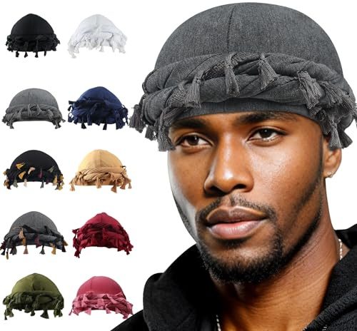 Babalet Turbante Halo para hombres y mujeres, con forro de satén, Durag, gorro de calavera, borlas preatadas, trenzado, gorro vintage, 1 unidad, gris, Talla única