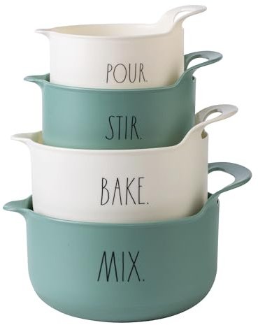 Rae Dunn Non-Slip Mixing Bowls - 4 Piece Nesting Plastic Mixing Bowl Set with Pour Spouts and Handles-Measurement Markings (Sage)
