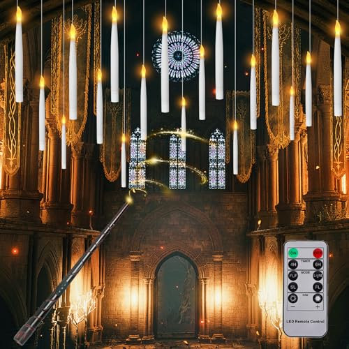 12 Pezzi Candele a LED Galleggianti, Floating Candles Sospese con Telecomando a Bacchetta Magica, Luce Calda Lampeggiante fiamma Candela Fluttuanti Elettriche Conica per Decorazione Halloween Natale