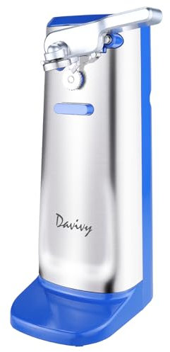 Davivy Electric Can Opener, One Touch Lid Opening, Removable Stainless Steel Cutter and 3-in-1 Design, with Sharpener and Bottle Opener, Stainless Steel-Blue)