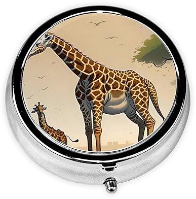 Mother and Child Giraffe Metal Iron Electroplating, Round Pill Box, 2.0x2.0x0.7 inches, with 3 Plastic compartments