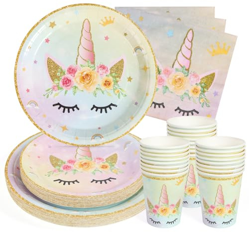 PARTY GO Set di 100 stoviglie per feste a tema unicorno, piatti di carta, piatti da dessert, tovaglioli, tazze per ragazze, compleanni, feste, decorazioni per 25 ospiti