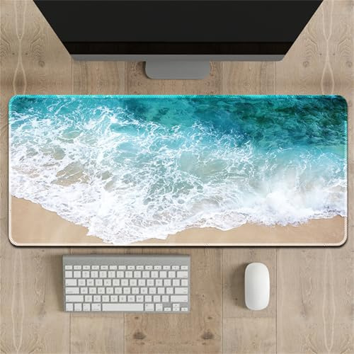 Treer Tappetino Mouse XXL/XL, Tappetino Scrivania Gaming Grande Mouse Pad con Base Antiscivolo Tappeto Scrivania con Bordi Cuciti per Computer, PC, Laptop (Spiaggia Mare,400 * 900 * 2mm)