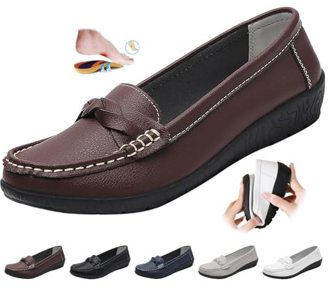 Mocasines ortopedicos para mujer en piel transpirable, de ajuste ancho, mocasines clásicos, zapatos de conducción, zapatos de trabajo, oficina, enfermería, marrón, 39 EU