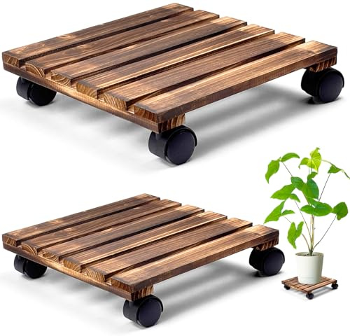 RUHUHUR 2 Pack 30cm Square Wooden Plant Caddy with Wheels,Rolling Plant Stand with Lockable Caster Wheels,Heavy Duty Mobile Plant Holder Plant Trolley for Indoor Outdoor Garden Decor
