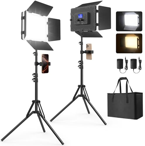 Lot de 2 kits d'éclairage vidéo LED avec support, panneau lumineux Kmasic intégré 8000 mAh et écran LCD, 2200 lux 2500 K-8500 K, lumière de studio douce pour enregistrement vidéo, jeu en direct