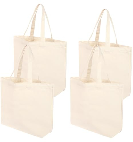 KUHAWL 4 bolsas de algodón, 40 x 35 cm, bolsas de la compra grandes, bolsas de yute sin estampado, bolsas de tela de algodón para pintar, bolsas de algodón plegables para deportes, compras, alimentos