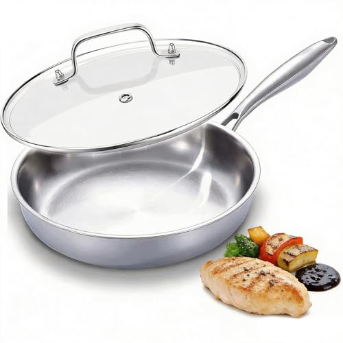 Nontoxicook 28cm Tri-Ply Stainless Steel Frying Pan with Lid, PTFE & PFOA Free, Heat Retention & Freshness Locking, Fast & Even Heat, Oven Safe, Induction & All Cooktops Compatible Up to 315℃