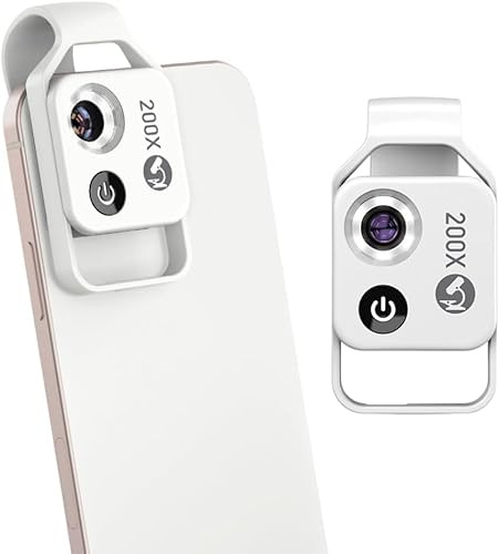 Qinux Zoomzip – Lente de Microscopio Portátil 200X para Smartphone con Clip Ajustable, Captura Alta Resolución (Blanco)