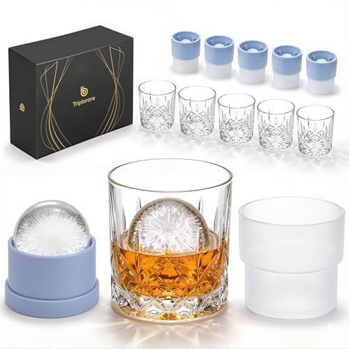 Triplorare Whisky Glasses, Set of 12 (6 Crystal Tumbler Glasses, 6 Large Ice Ball Moulds) in Gift Box - 310ml Whisky Glasses for Scotch Cocktail Rum Cognac Vodka Liqueurs, Unique Gifts for Men