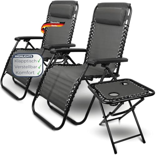 DELUKE 2er Set Liegestuhl Klappbar BRUK - Mit Klapptisch | Gartenstühle Hochlehner mit Kopfkissen Campingstuhl Wetterfest Klappstuhl, Anthrazit