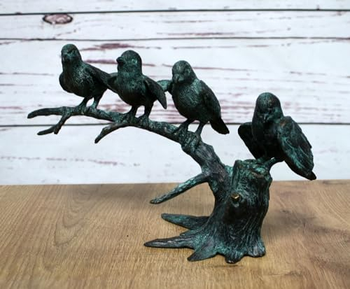 Bronzeskulptur Vier Spatzen auf einem AST - Dekoration für Haus und Garten - 32x18x12 cm