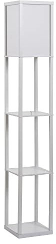 HOMCOM Lámpara de Pie con Estantes de Almacenaje, Lámpara de Madera Moderna, Bombilla E27, para Salón, Dormitorio, Oficina, Blanco