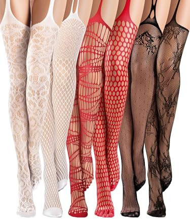 Geyoga 6 pares de medias de red para mujer, medias altas hasta el muslo, con tirantes, lencerías, ligueros para mujeres y niñas, Negro, rojo, blanco, M-L
