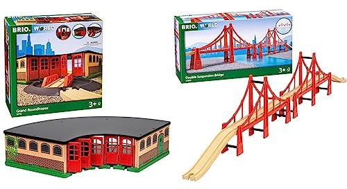 BRIO Eisenbahn Großer Ringlokschuppen Mit Drehscheibe & World 33683 - Hängebrücke - Eisenbahnzubehör für die BRIO Holzeisenbahn - Kleinkinderspielzeug empfohlen für Kinder ab 3 Jahren