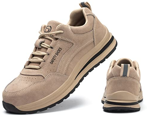 IYVW 687 A Chaussure de Sécurité Homme Femmes Legere Embout en Acier Protection Chaussure de Travail Respirant Mesh Confortable Beige 38 EU