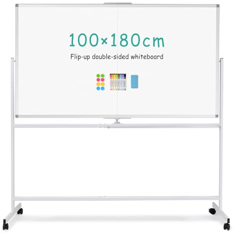 QUEENLINK Mobile Whiteboard 100×180cm Large Rolling White Board, 360°Rotation Magneitic White Board with Stand, Double Sides Whiteboard Easel on Wheels