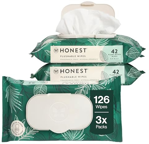The Honest Company Hypoallergenic Flushable Wipes for Sensitive Skin, Tropical Leaves, 126 Count