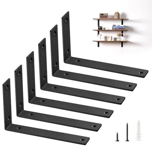 Shelf Brackets Heavy Duty 10 Inch Black L Brackets for Shelves 6 Pack 5mm Thick Wall Mounting Floating Metal Iron Shelf Support for Wood with Screw