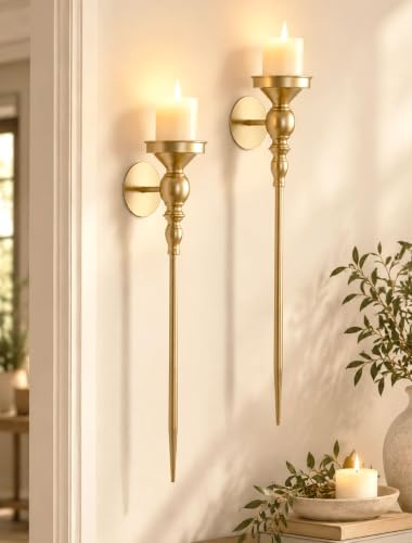 Walasis Candle Sconces Gold Wall Decor: Vintage Metal Art Decoration Wall Candle Holder for Pillar Candles - 24.4 Inch Long Candle Sconces Set of 2 for Fireplace Hallway Beside TV