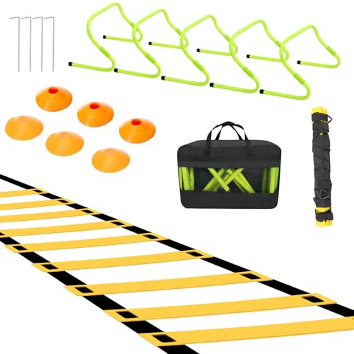 Vkechh Accessoires d'entraînement de football, échelle de coordination avec 6 obstacles ajustables, 12 disques et cônes, ensemble d'entraînement pour enfants, comprend un sac de rangement, équipement