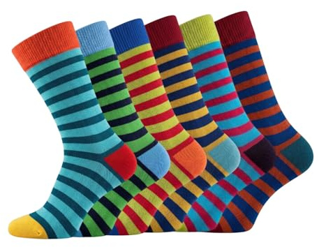 VEARZ Mens Bright Striped Socks - Pack Of (3, 6, 12) Adults Funky Summer Stripy Patterned Colourful Crew Socks UK Size 6-11