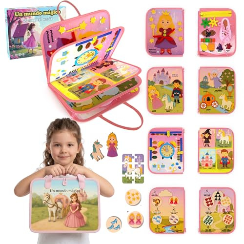 OYEMAT Busy Board Montessori Principesse e Fantasy Spagnolo/Inglese - Giocattolo Sensoriale Bambino - Libro Montessori 3 Anni di Feltro - Tavola Montessori Educativo con Attività Motorie Fine