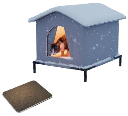 Winterfestes Outdoor Katzenhaus Isoliert & Wasserdicht - Mit Erhöhter Basis gegen Bodenkälte - Katzenhütte für Draußen, Inkl. Abnehmbarem Kissen, Faltbar für Katzen & Kleine Hunde (Gray,49x42x42cm)