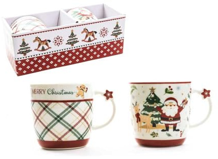 Generico Set 2 tazze natalizie in ceramica con decorazioni Babbo Natale e Merry Christmas – Confezione regalo – Idea Natale 350ml