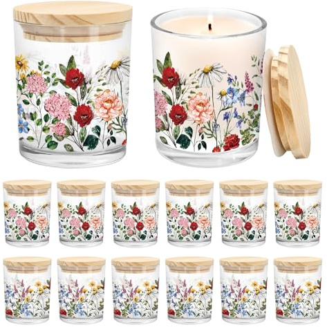 Whaline 12Pcs Wildflower Empty Candle Jar with Wooden Lid 7 oz Spring Floral Glass Candle Container for Candles Making Storing Kitchen Table Centerpiece Decoration