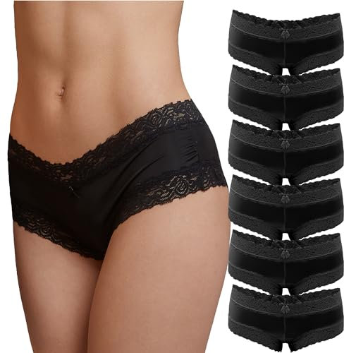 Fabio Farini - 6er Pack Damen Panties Hipster mit verführerischen Spitzendetails - Frauen Unterhosen Brazilian Slips Brasil Spitze Set Unterwäsche 6X Schwarz 36-38