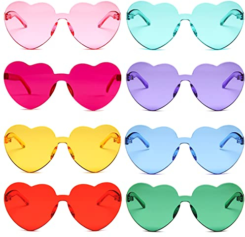 SIMIN 8 Stück Brille Herz Sonnenbrille für Damen, Partybrille Neon Farben Herzform Brille, Herz Hippie Brille Retro Kostüm Brille,Magische Farben Party Brille,Transparente Bunte Herzform Sonnenbrille