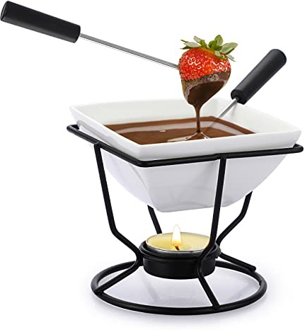 BSTKEY Ceramic Butter Warmer Set, Fondue Pot Melting Pot Set, Melt Hot Pot Square Bowl Set For Cheese Chocolate Butter Caramel, with 2 Dipping Forks