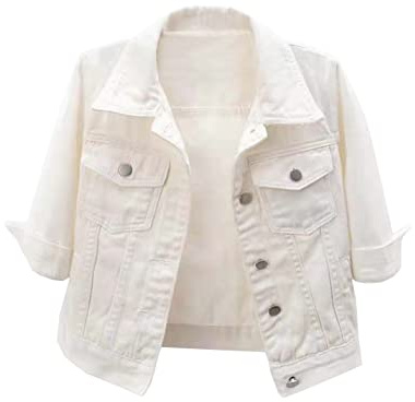 Locachy Chaqueta corta de mezclilla para mujer, de manga 3/4, con botones y solapa, para camionero, Blanco, X-Large