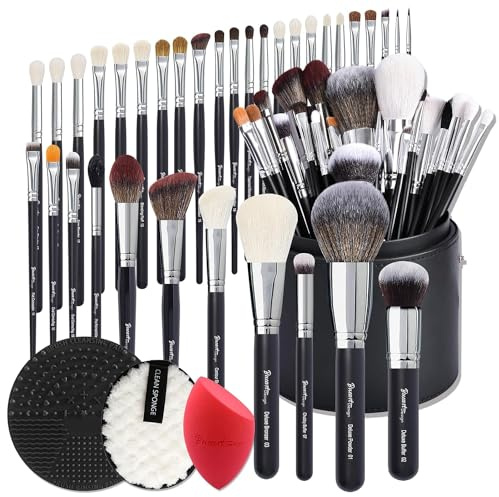 Bueart Design Pro makeup Artist 34Pcs Deluxe Real Goat Hair Horse hair Makeup Brushes Set with extra Large Holder High End Professional labeled makeup brush set with natural Pony Hair