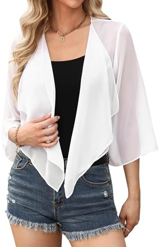 Aottori Bolero Blanco Mujer Verano Gasa Chaqueta Manga 3/4 Fiesta Toreras Elegante Corta Shrug Tops Casual Ligero Cuello en V Abrigo Primavera Otoño Blanco L