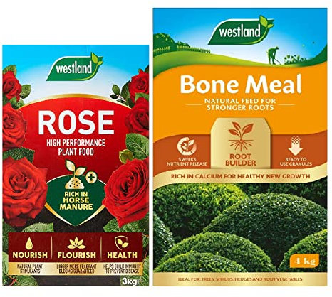 Outdoor Garden Plants Food Bundle - 3kg Rose Feed Granules & 4kg Bone Meal for Garden Plants. Outdoor or Houseplant Food with Topline Card.