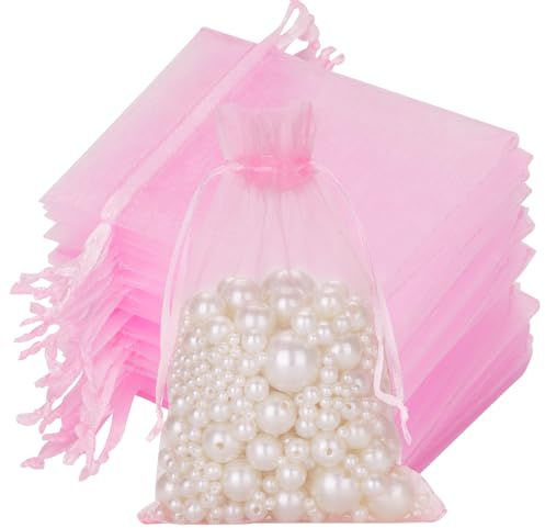 G2PLUS Pink Organza Gift Pouches 13x18 cm: Medium Favor Bags, 50 PCS | Wedding Jewelry Bags, Clear Mesh Pouches for Wedding, Christmas, Birthday, Anniversary