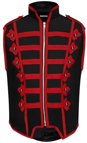 Pamposh Steampunk Hussar Militare Drummer Giacche Parata Senza Maniche - Emo Punk Mens Giacche - Abbigliamento Gotico Napoleone - Giacche Da Marcia, Nero e Rosso, M