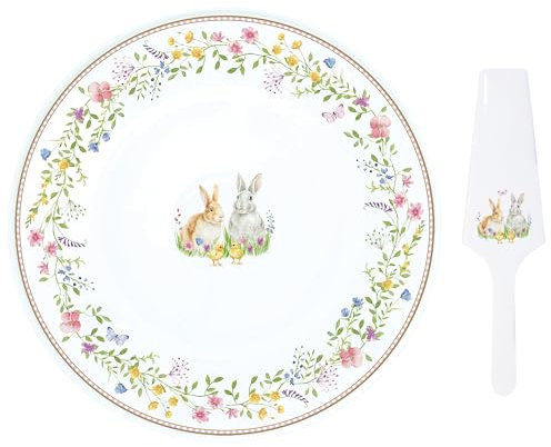 MamboCat Happy Easter Plateau à gâteau avec pelle à tarte I Assiette à gâteau ronde en porcelaine pour biscuits, cake pops, cupcakes, etc. I Assiette à pâtisserie et pelle à gâteau pour Pâques avec