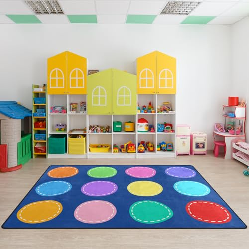Classroom Carpets Playmat Rugs - 5x7 Ft Kids Rug with Rubber Backing, Colorful Circle on Blue Background Classroom Seating Rug Play Mat Nursery Rugs for Preschool Elementary Playroom -12 Seating