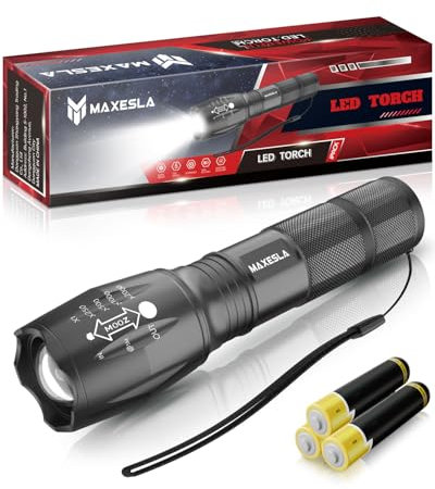 Maxesla Torcia LED Potente Professionale, Impermeabile 2000 Lumen Super Luminoso Mini Torcia Tattica, Portatile Torcia, Torcia Potente 5 modalità di illuminazione, 1 Pack Con 3 x AAA Batterie